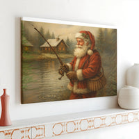 Rustic Log Cabin Christmas Canvas Art, Santa Claus Fishing Canvas, Winter Landscape Canvas Print, Holiday Wall Decor, Fisherman Xmas Present