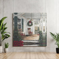 Rustic Holiday Wreath Canvas Art, Christmas Farmhouse Porch Canvas Print, Winter Rocking Chairs Wall Canvas, Comfy Holiday Decor Present Canvas