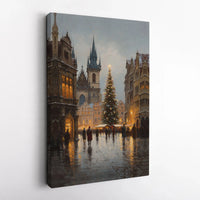 Snowy Old Town Square Canvas Print, Prague Christmas Market Canvas Wall Art, Vintage European City Canvas, Festive Holiday Home Decor Present