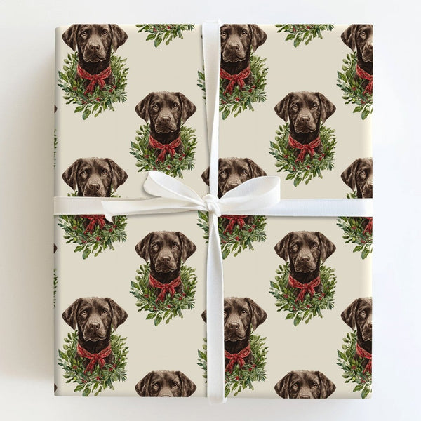 Dog Wreath Holiday Gift Wrap, Chocolate Lab Christmas Wrapping Paper, Labrador Retriever Christmas Wrapping Paper, Pet Lover 