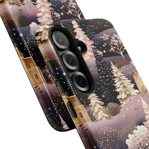 Pink Snowy Forest Castle Cover, Winter Village Phone Case Samsung Galaxy, Holiday Aesthetic Tough Samsung Case, Comfy Christm