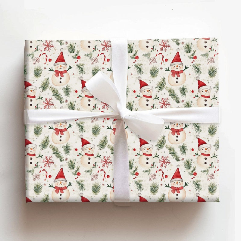 Adorable Holiday Snowmen Gift Wrap, Watercolor Snowman Wrapping Paper, Candy Cane Winter Wrapping Paper, Festive Christmas Present Paper Roll