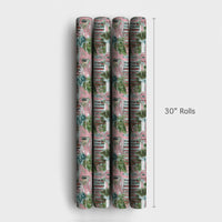 Snowy Winter Village Gift Wrap, Pink Christmas Wrapping Paper, Pastel Church Town Wrapping Paper, Retro Holiday Present Gift Wrap Roll