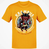 Humorous Christmas Horror Graphic Tee, Krampus Babysitting Service T-Shirt, Spooky Holiday Folklore Shirt, Alpine Demon Winter Top