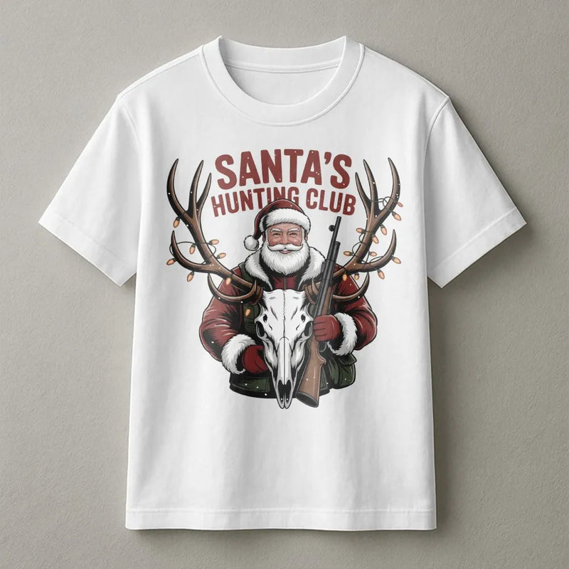Deer Skull Christmas Graphic Tee, Santa's Hunting Club Shirt, Humorous Hunter Christmas T-Shirt, Hunting Season Shirt, Outdoorsman Present Tee