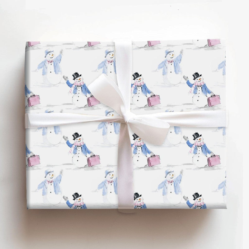 Watercolor Snowman Wrapping Paper, Traveling Snowman Wrapping Paper, Whimsical Winter Holiday Gift Wrap, Christmas Present Wrapping Paper