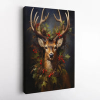 Festive Deer Holly Wreath Canvas Print, Christmas Stag Canvas Wall Art, Rustic Winter Animal Canvas Decor, Holiday Living Room Wall Art