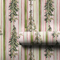 Watercolor Foliage Gift Wrap, Striped Christmas Tree Wrapping Paper, Pink and Green Holiday Wrapping Paper