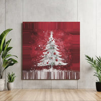 Crimson Snowy Pine Canvas Art, White Christmas Tree Square Canvas, Red Holiday Ornament Canvas Print, Winter Farmhouse Wall Decor