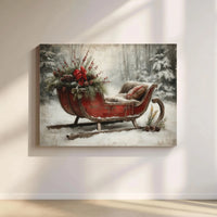 Snowy Winter Forest Scene Print, Christmas Sleigh Canvas Wall Art, Farmhouse Holiday Xmas Canvas Decor, Digital Download Printable
