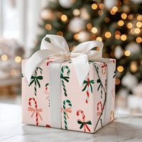 Pastel Holiday Bow Gift Wrap, Pink Candy Cane Christmas Wrapping Paper, Whimsical Peppermint Wrapping Paper, Festive Adorable Gift Wrap Roll