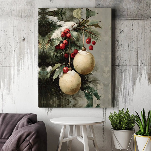 Festive Holly Berry Oil Painting Wall Art, Vintage Christmas Ornament Canvas Print, Holiday Canvas Poster, Winter Home Decor 