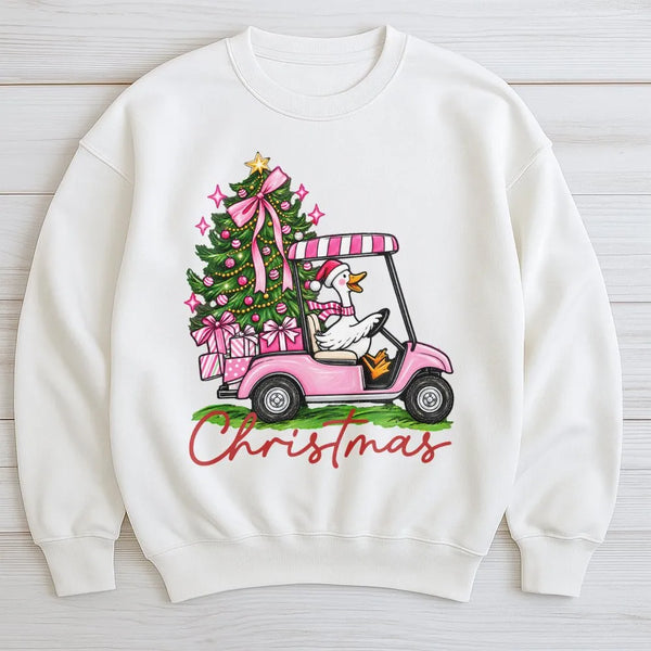 Pink Golf Cart Christmas Tree Crewneck, Christmas Goose Sweatshirt, Retro Pink Christmas Sweatshirt, Adorable Holiday Pullove