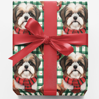 Festive Plaid Dog Gift Wrap, Shih Tzu Christmas Wrapping Paper, Adorable Puppy Holiday Wrapping Paper