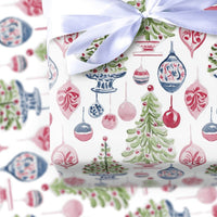 Potted Tree Holiday Gift Wrap, Watercolor Christmas Tree Wrapping Paper, Hanging Ornament Wrapping Paper, Festive Christmas Present Paper
