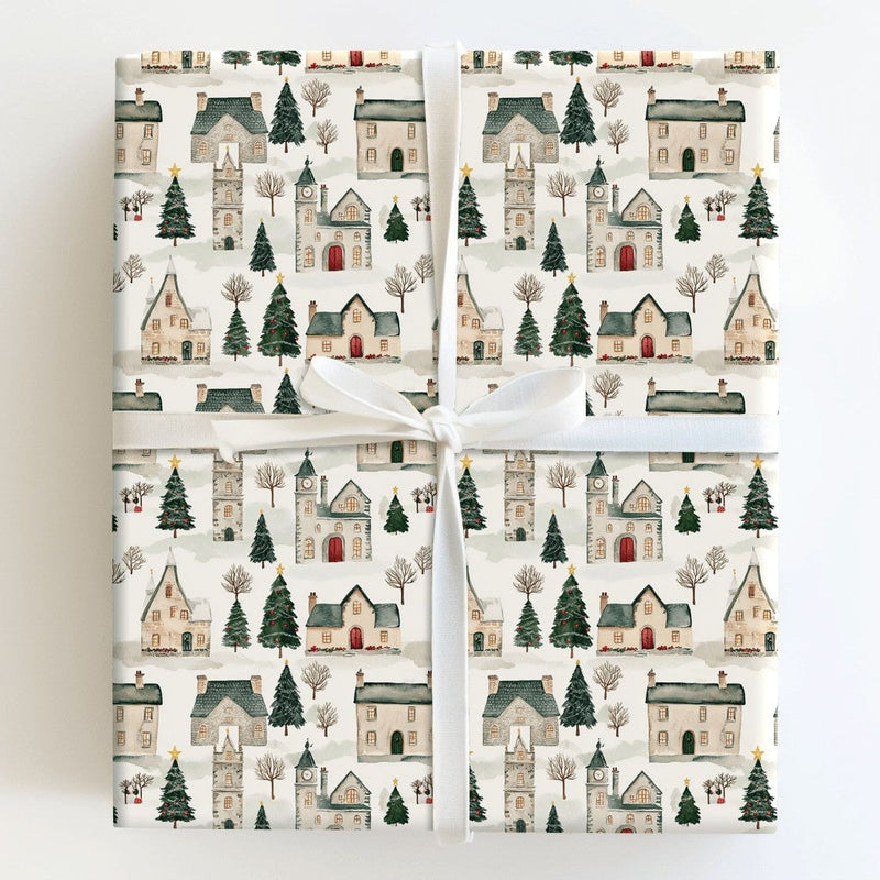 Rustic Winter Town Wrapping Paper, Watercolor Christmas Village Wrapping Paper, Comfy Holiday Gift Wrap, Festive Winter Town Wrapping Paper