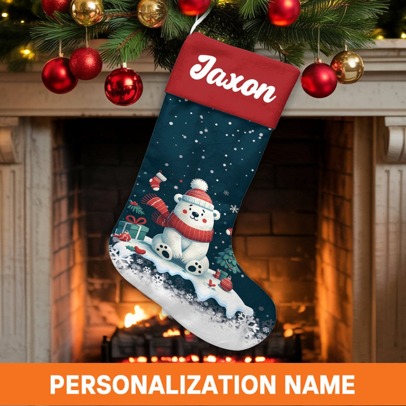 Winter Animal Holiday Stocking, Adorable Polar Bear Christmas Stocking, Personalized Christmas Stocking, Kids Family Fireplace Mantle Decor