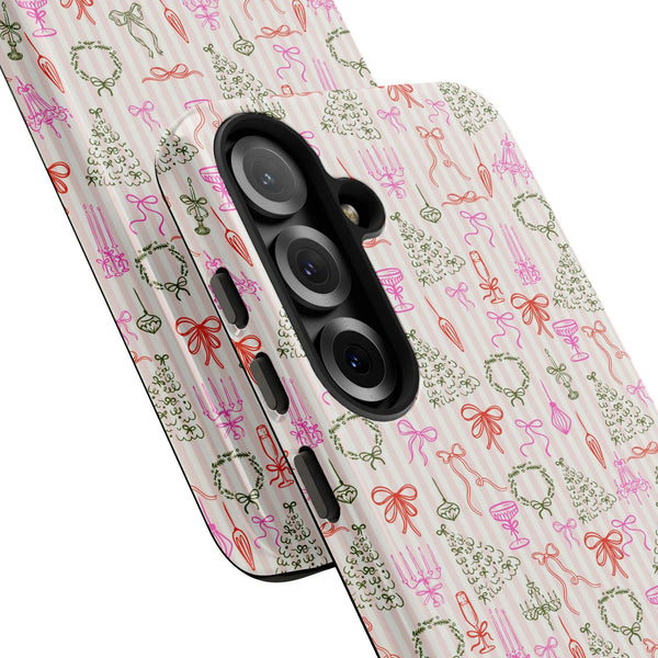 Holiday Wreath and Bow Pattern Phone Cover, Pink Stripe Christmas Phone Case, Festive Winter Samsung Galaxy Case, Xmas Presen
