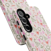 Holiday Wreath and Bow Pattern Phone Cover, Pink Stripe Christmas Phone Case, Festive Winter Samsung Galaxy Case, Xmas Present for Her