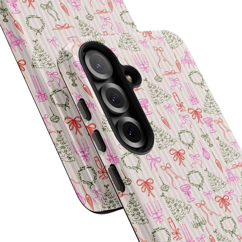 Holiday Wreath and Bow Pattern Phone Cover, Pink Stripe Christmas Phone Case, Festive Winter Samsung Galaxy Case, Xmas Present for Her