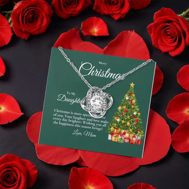Mom to Daughter Knot Pendant, Love Knot Necklace for Daughter, CZ Crystal Love Knot Jewelry, Rotating Rose Box Christmas Holiday Present