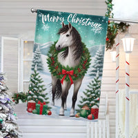Winter Wreath Equestrian Yard Flag, Horse Merry Christmas Garden Flag, Holiday Farmhouse Lawn Banner, Horse Lover Outdoor Decor