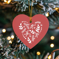 Scandi Red Floral Heart Ornament, Folk Art Botanical Heart Ornament, Ceramic Valentine Christmas Heart Ornament, Romantic Holiday Decor