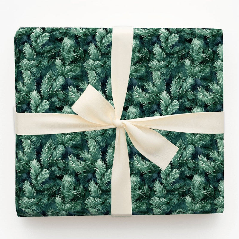 Evergreen Branch Gift Wrap, Watercolor Pine Needles Christmas Wrapping Paper, Rustic Botanical Wrapping Paper Roll, Holiday Present Wrap