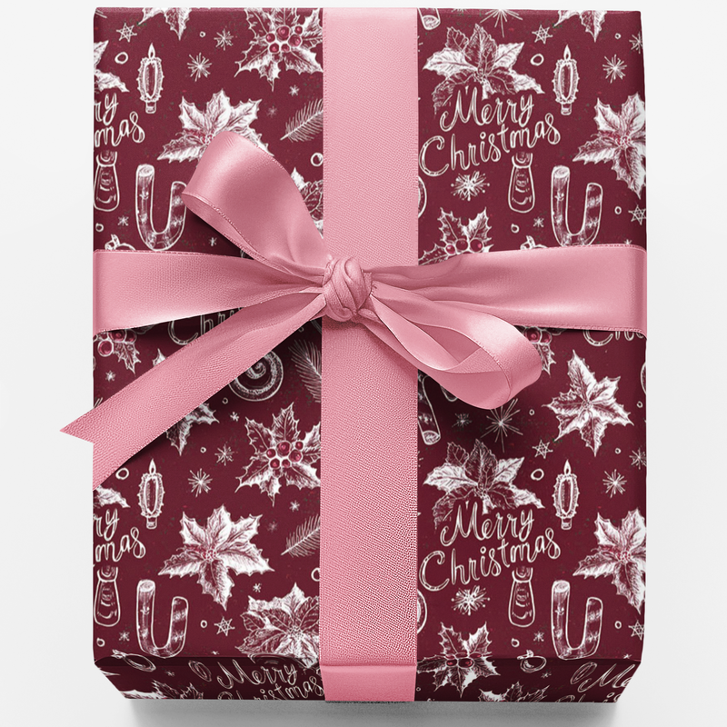 Poinsettia Holiday Gift Wrap, Vintage Chalkboard Christmas Wrapping Paper, Rustic Floral Christmas Wrapping Paper, Winter Present Roll