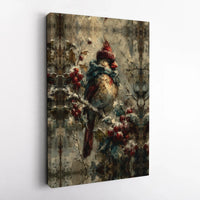 Whimsical Snowy Holly Branch Painting, Winter Cardinal Bird Canvas Wall Art, Comfy Christmas Bird Print, Digital Download Printable Decor