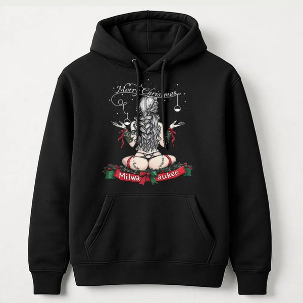 Merry Christmas Pinup Girl Hoodie, Milwaukee Christmas Hoodie, Vintage Holiday Graphic Hooded Sweatshirt, Comfy Winter Xmas P