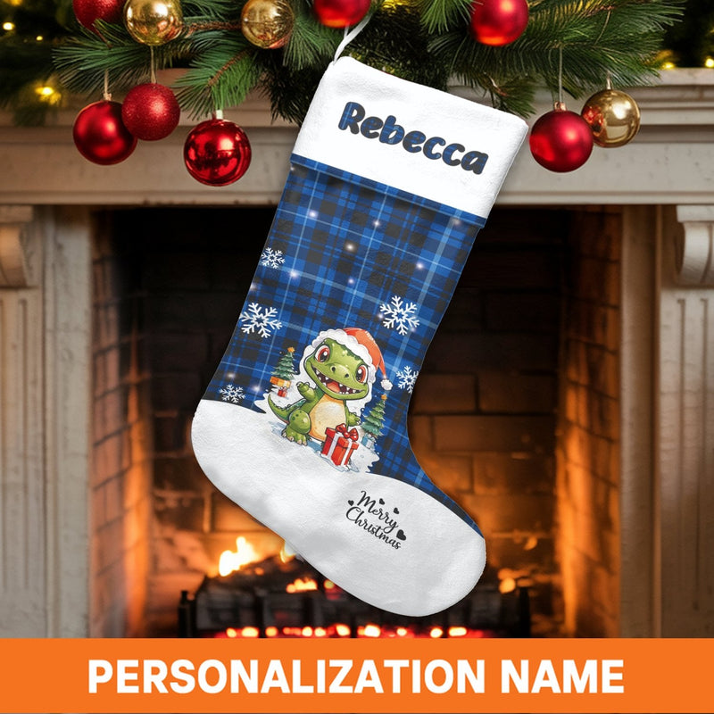 Blue Plaid Dino Holiday Stocking, Personalized Dinosaur Christmas Stocking, Custom Name Kids Stocking, Boy Family Christmas Stocking