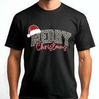 Santa Hat Plaid Holiday Graphic Tee, Merry Christmas Leopard Print T-Shirt, Festive Xmas Graphic T-Shirt, Adorable Womens Holiday Top