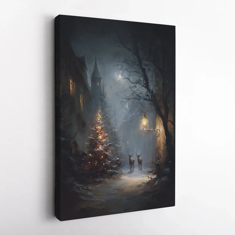 Snowy Winter Deer Canvas Print, Winter Christmas Canvas Wall Art, Winter Forest Streetlamp Canvas Decor, Holiday Wall Art Present