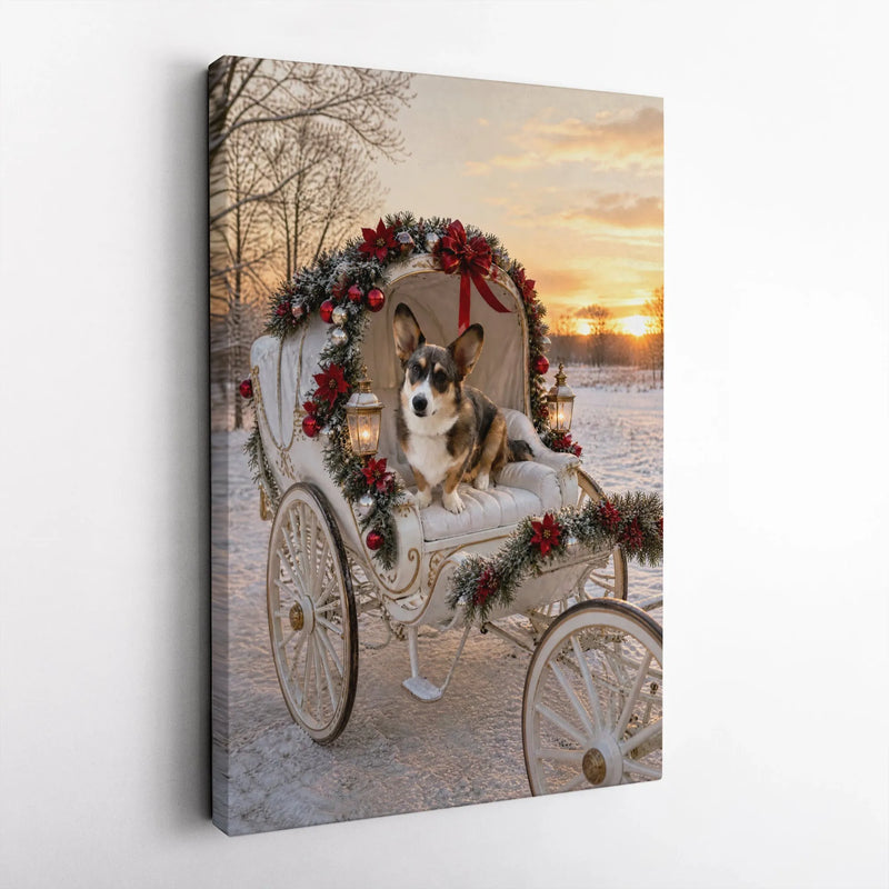 Dog in Poinsettia Garland Carriage Poster, Corgi Christmas Canvas Wall Art, Adorable Winter Puppy Holiday Digital Download, Pet Lover Present