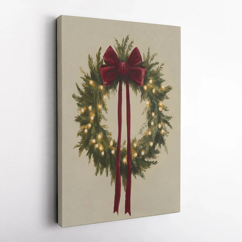 Glowing Fairy Lights Canvas Print, Christmas Wreath Canvas Wall Art, Holiday Wreath Canvas Decor, Festive Home Wall Art, Xmas Decor Present