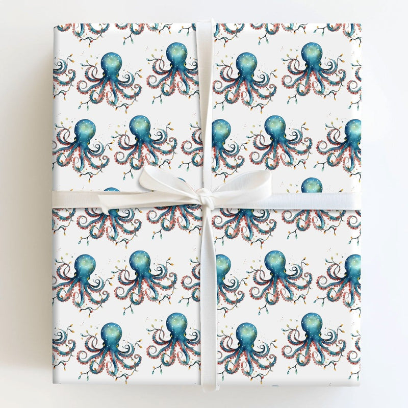 Coastal Christmas Gift Wrap, Watercolor Octopus Wrapping Paper, Ocean Holiday Wrapping Paper, Sea Life Gift Wrap, Holiday Present Roll