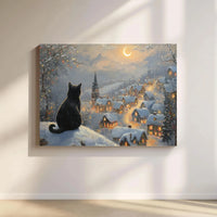Snowy Village Canvas Print, Black Cat Christmas Canvas Wall Art, Comfy Holiday Winter Wall Decor, Festive Cat Lover Canvas Art Present