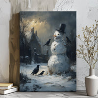 Moody Cottage and Crows Wall Art, Dark Winter Snowman Canvas Print, Gothic Christmas Canvas, Winter Landscape Decor, Holiday Canvas Art