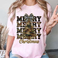 Leopard Coquette Bow Graphic Tee, Merry Christmas Camo Tree T-Shirt, Country Holiday Shirt, Southern Xmas Camo Tree T-Shirt