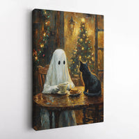 Ghost Coffee Canvas Print, Ghost and Black Cat Canvas Art, Whimsical Holiday Cat Wall Art, Christmas Ghost Poster, Spooky Digital Download