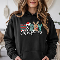 Leopard Plaid Santa Hat Reindeer Hoodie, Merry Christmas Hoodie, Festive Holiday Hooded Sweatshirt, Winter Christmas Reindeer Pullover Present
