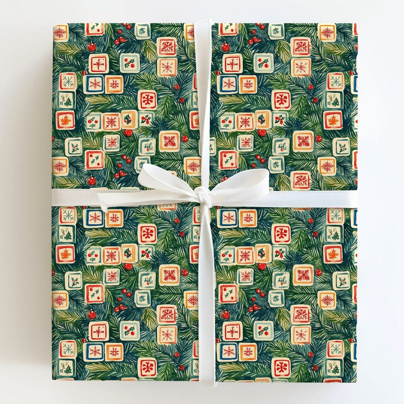 Retro Snowflake Pine Gift Wrap, Vintage Tile Christmas Wrapping Paper, Holly Berry Holiday Wrapping Paper, Nostalgic Xmas Gift Wrap Roll