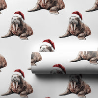 Santa Hat Animal Gift Wrap, Adorable Walrus Christmas Wrapping Paper, Watercolor Walrus Wrapping Paper Roll, Holiday Wrapping Paper