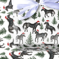 Santa Hat Equestrian Gift Wrap, Black Horse Christmas Wrapping Paper, Watercolor Black Horse Wrapping Paper, Holiday Horse Tree Gift Wrap