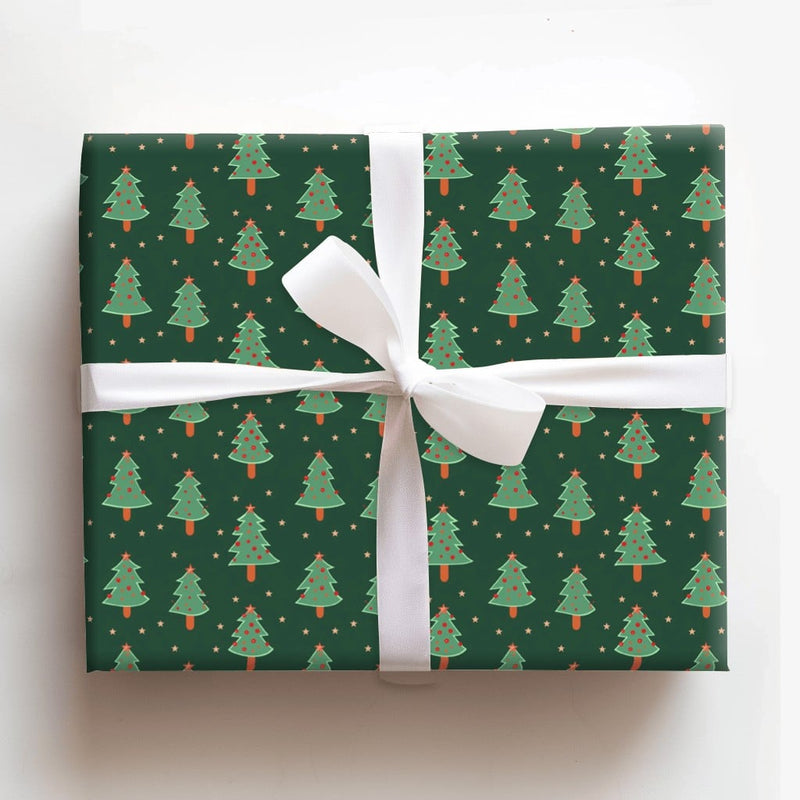 Pine Tree and Stars Gift Wrap, Dark Green Christmas Tree Wrapping Paper, Festive Holiday Wrapping Paper, Adorable Seasonal Xmas Gift Wrap Roll