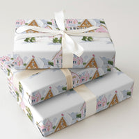 Watercolor Christmas Village Gift Wrap, Pink Gingerbread House Wrapping Paper, Whimsical Holiday Wrapping Paper, Adorable Xmas Gift Wrap Roll