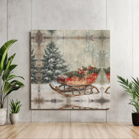 Snowy Pine Tree Forest Canvas Wall Art, Vintage Christmas Sleigh Square Canvas, Rustic Winter Canvas Print, Holiday Farmhouse