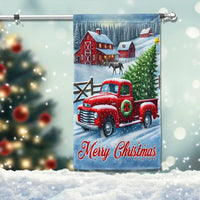 Farmhouse Winter Scene Yard Flag, Merry Christmas Red Truck Garden Flag, Vintage Holiday Garden Flag, Rustic Lawn Banner Decor