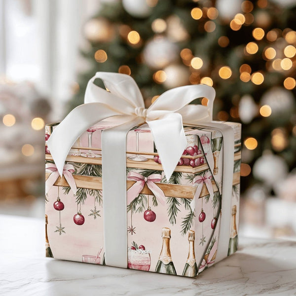 Feliz Navidad Champagne Gift Wrap, Christmas Bar Cart Wrapping Paper, Pink Holiday Cocktail Wrapping Paper, Festive Party Gif